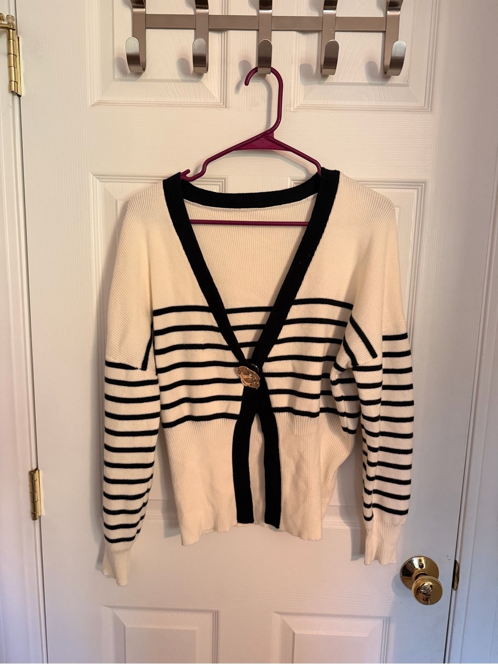 Cream and Black Striped V-Neck Buttoned Cardigan